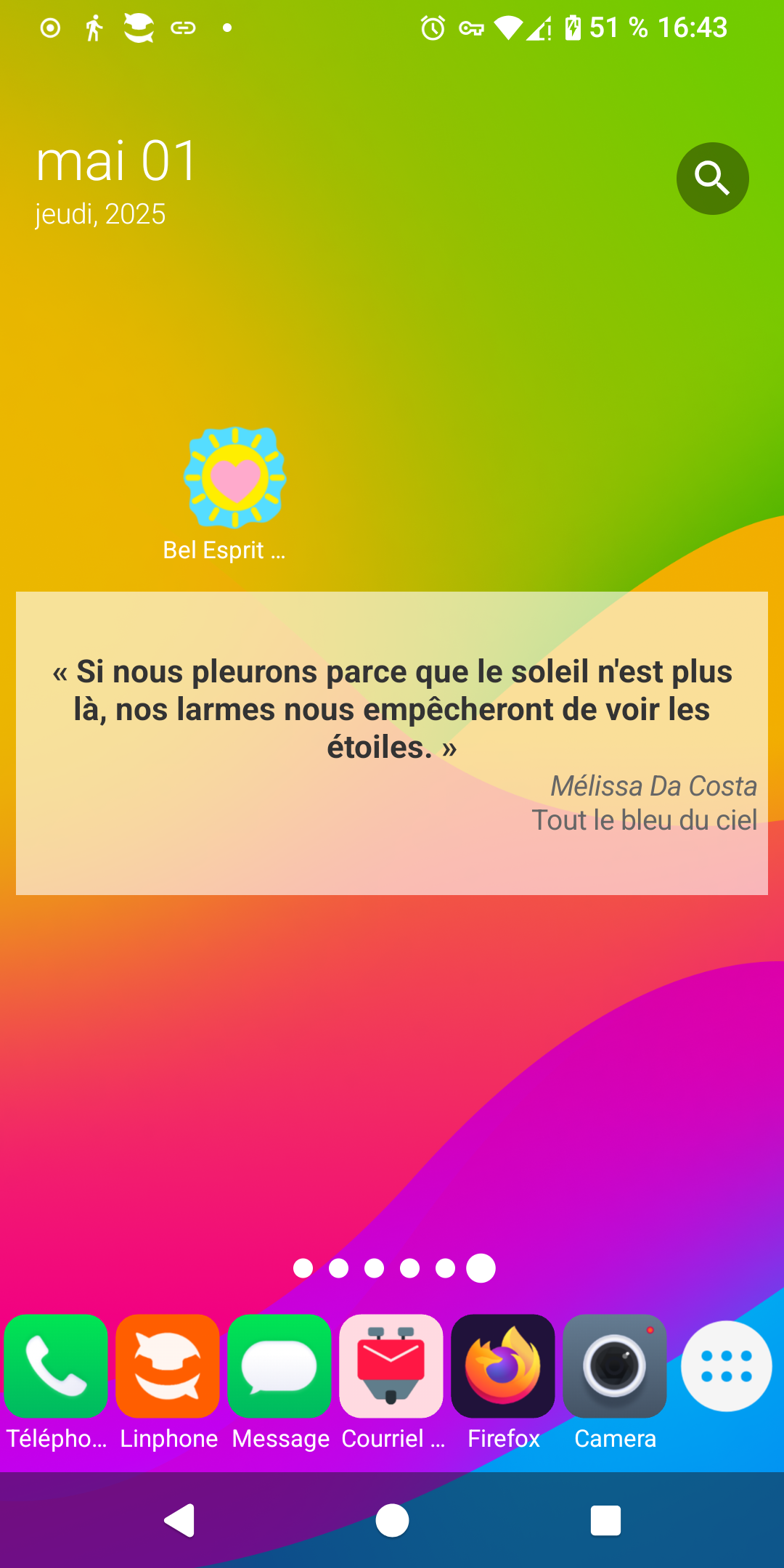 « Si nous pleurons parce que le soleil n'est plus là, nos larmes nous empêcheront de voir les étoiles. » Mélissa Da Costa, Tout le bleu du ciel - widget - Bel Esprit & Bonne Humeur - Android