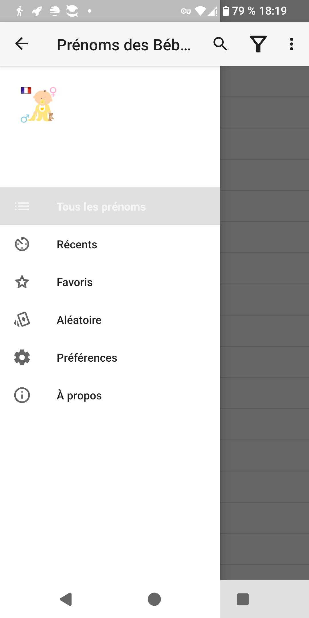 menu - Prénoms des Bébés Français - Android