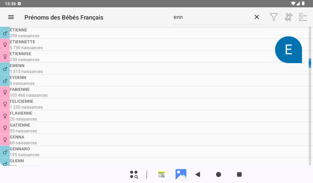 liste des prénoms - tablette 7' - Prénoms des Bébés Français - Android