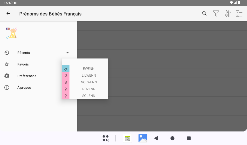 menu - tablette 7' - Prénoms des Bébés Français - Android