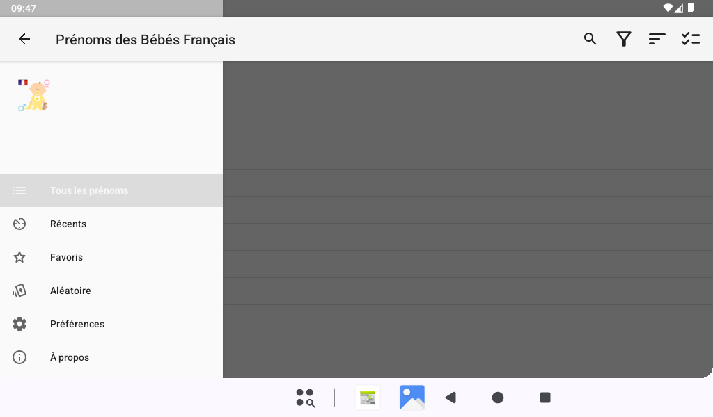 menu - tablette 7' - Prénoms des Bébés Français - Android