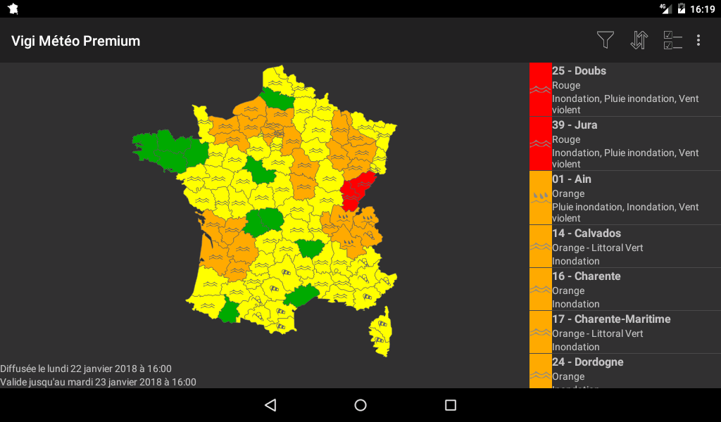 carte de vigilance - tablette 7' - Alerte Météo - Android